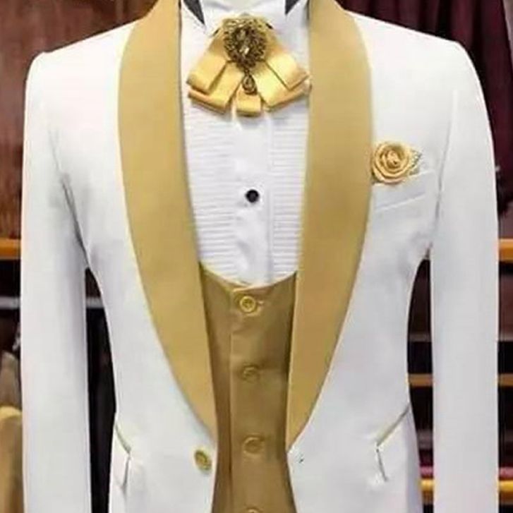 White and Gold Wedding Evening Dress Groomsman Shawl Lapel Men Suit 3PCS Costume Homme Jacket Vest and Gold Pants